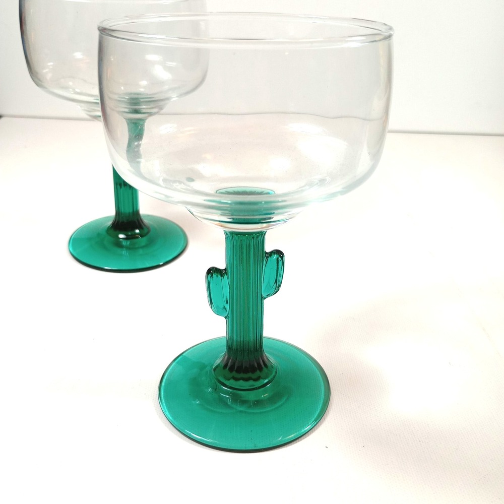 2 Vintage Cactus Stem Cocktail Glasses Green Saguaro Margarita Goblets Barware